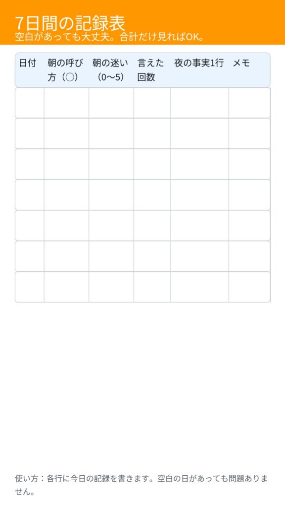 ７日間の記録表（たった７日で人の目を気にせず心のありかたを整えて自分軸で生きるコツ！）